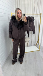 Faux Fur Trim Puffer Coat - BROWN