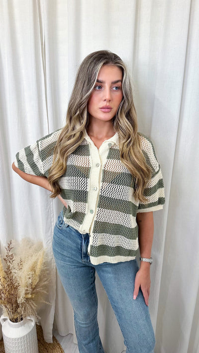 Stripey Knitted Crop Cardigan - KHAKI