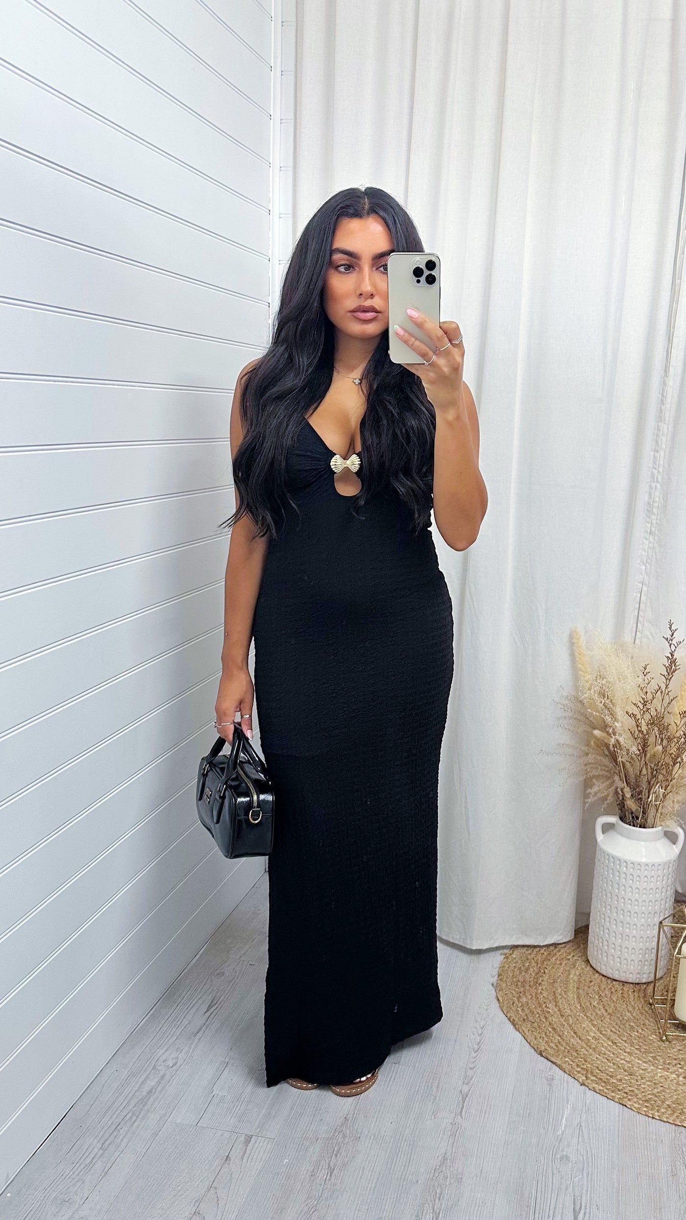 Seashell Buckle Plunge Maxi Dress - BLACK