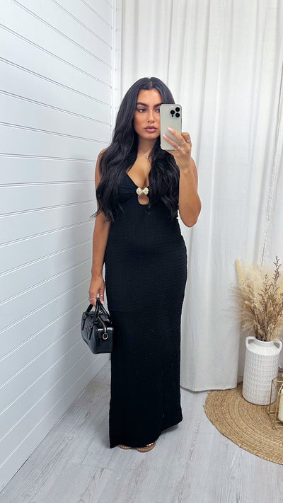 Seashell Buckle Plunge Maxi Dress - BLACK