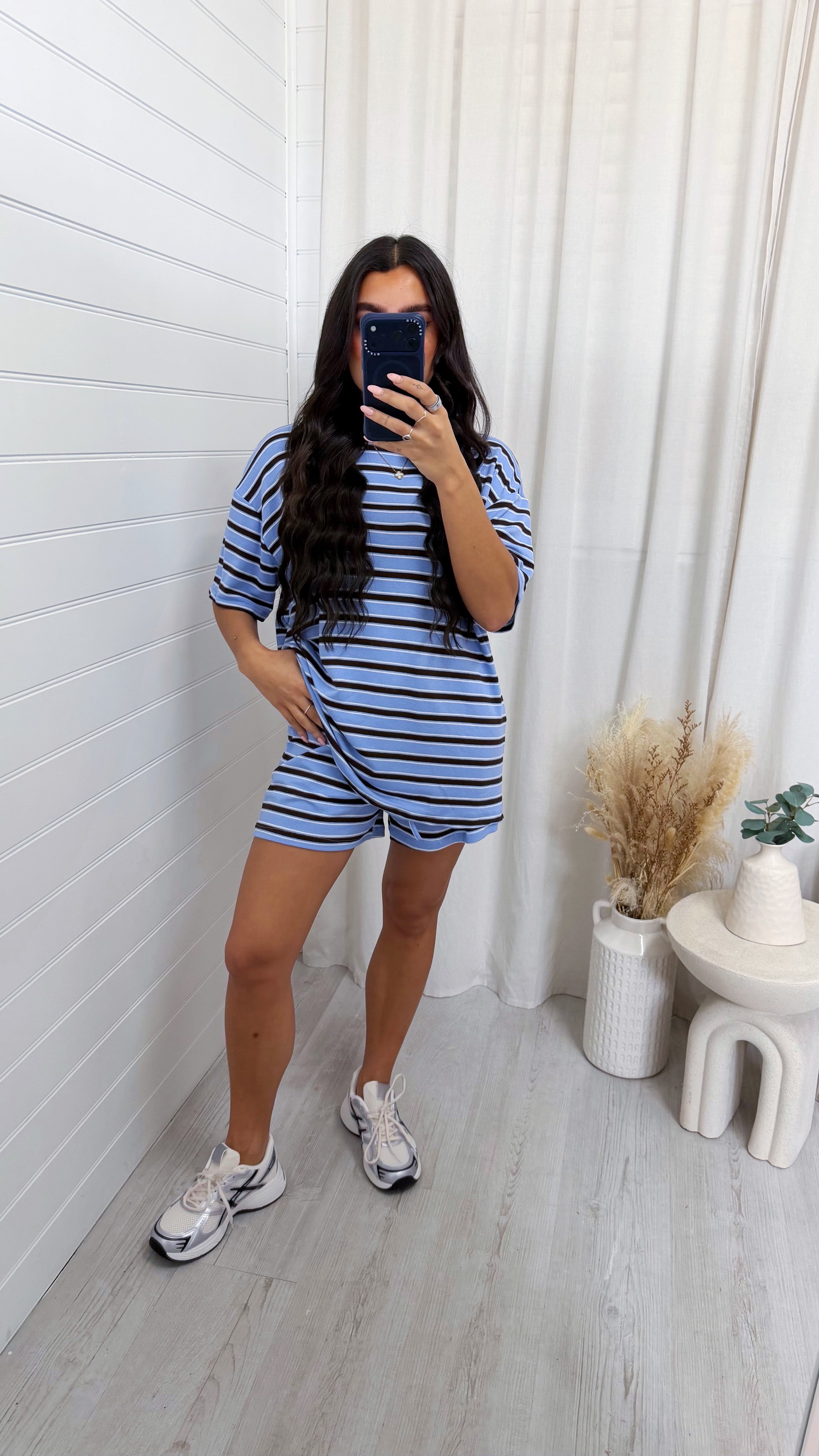 Oversized Stripe T-Shirt and Shorts Co-Ord - BLUE