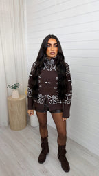 High Neck Paisley Knitted Jacket - BROWN