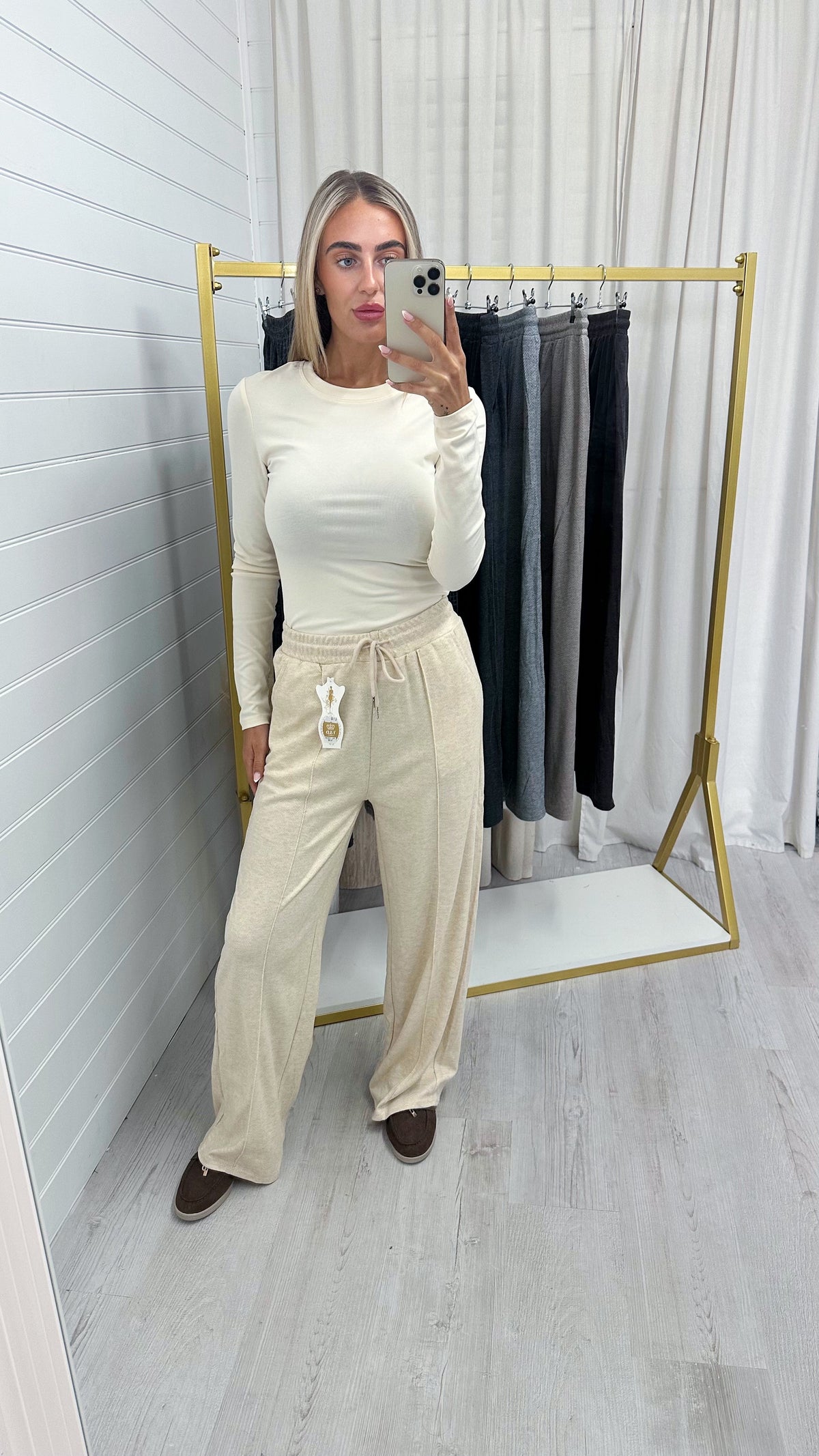 Textured Wide Leg Trousers - BEIGE
