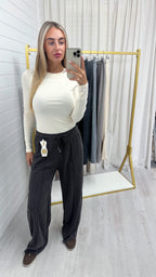 Textured Wide Leg Trousers - BROWN