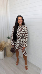 Abstract Print Tie Waist Dress - BROWN