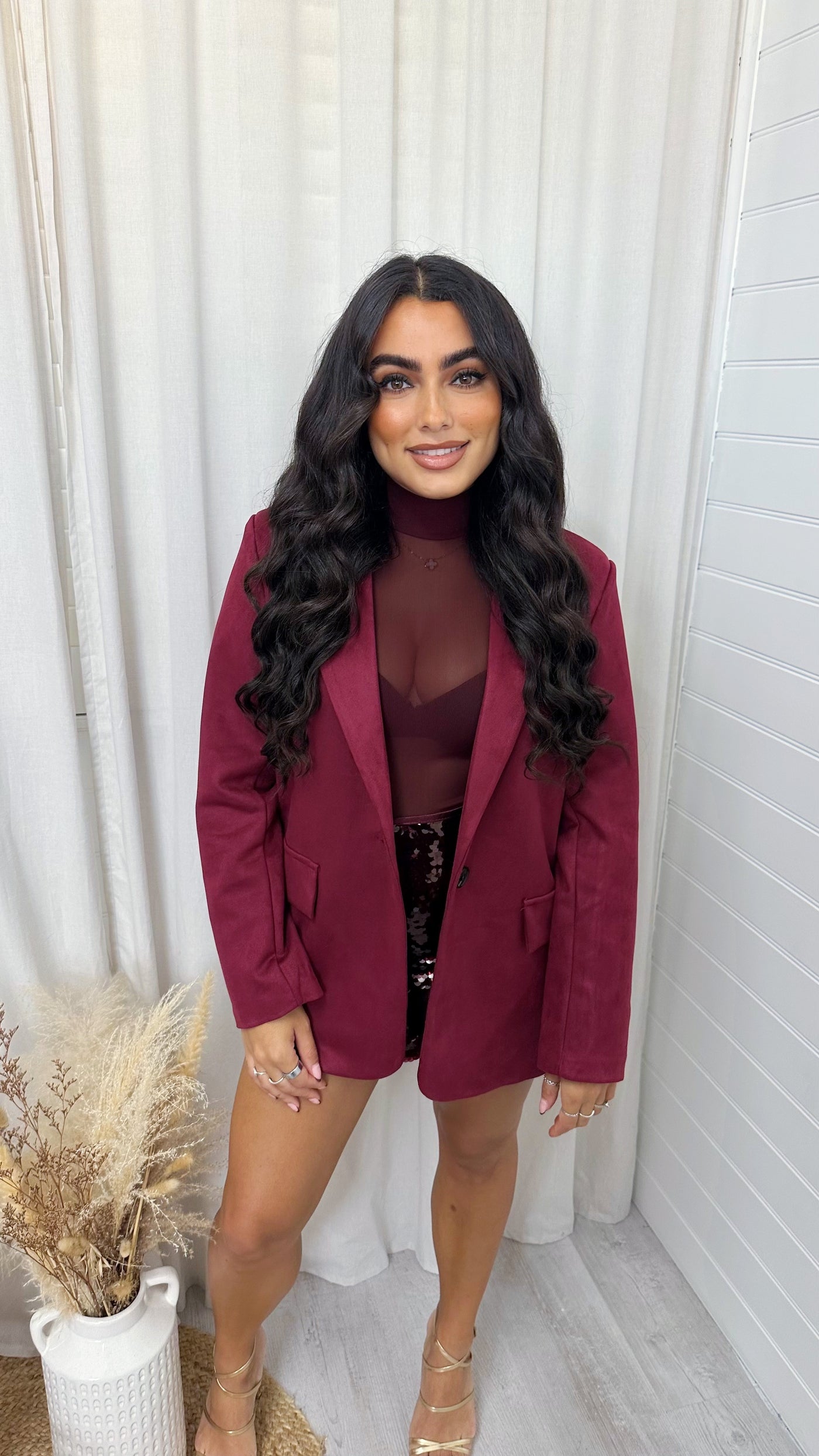 Suede Tailored Fit Blazer - WINE