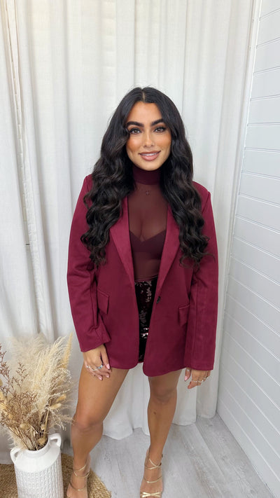 Suede Tailored Fit Blazer - WINE