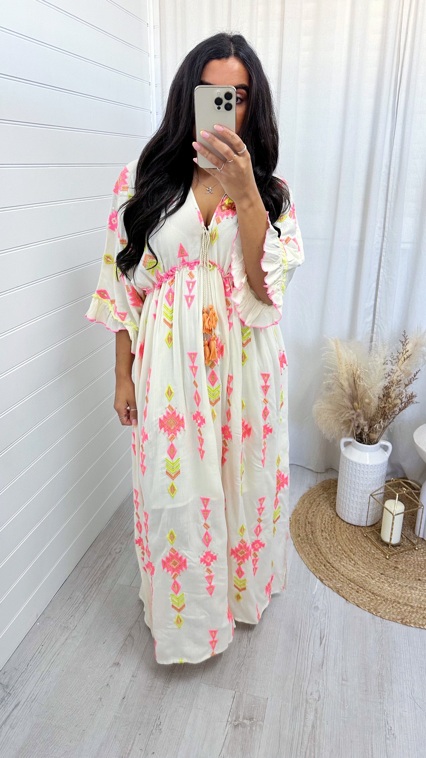 Aztec Beaded V Neck Maxi Dress - CREAM