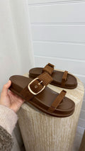 Buckle Strap Suede Sliders - BROWN