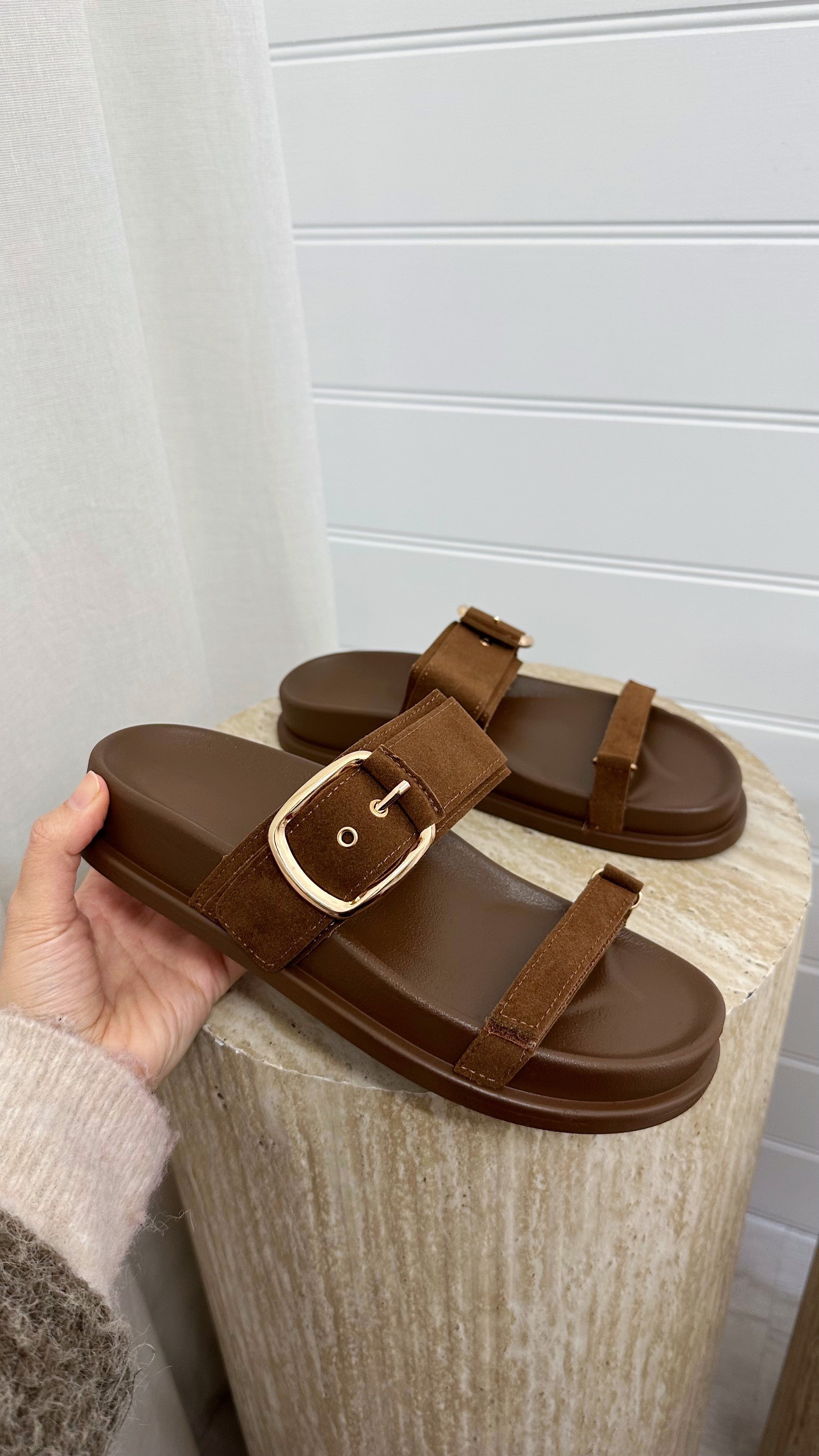 Buckle Strap Suede Sliders - BROWN