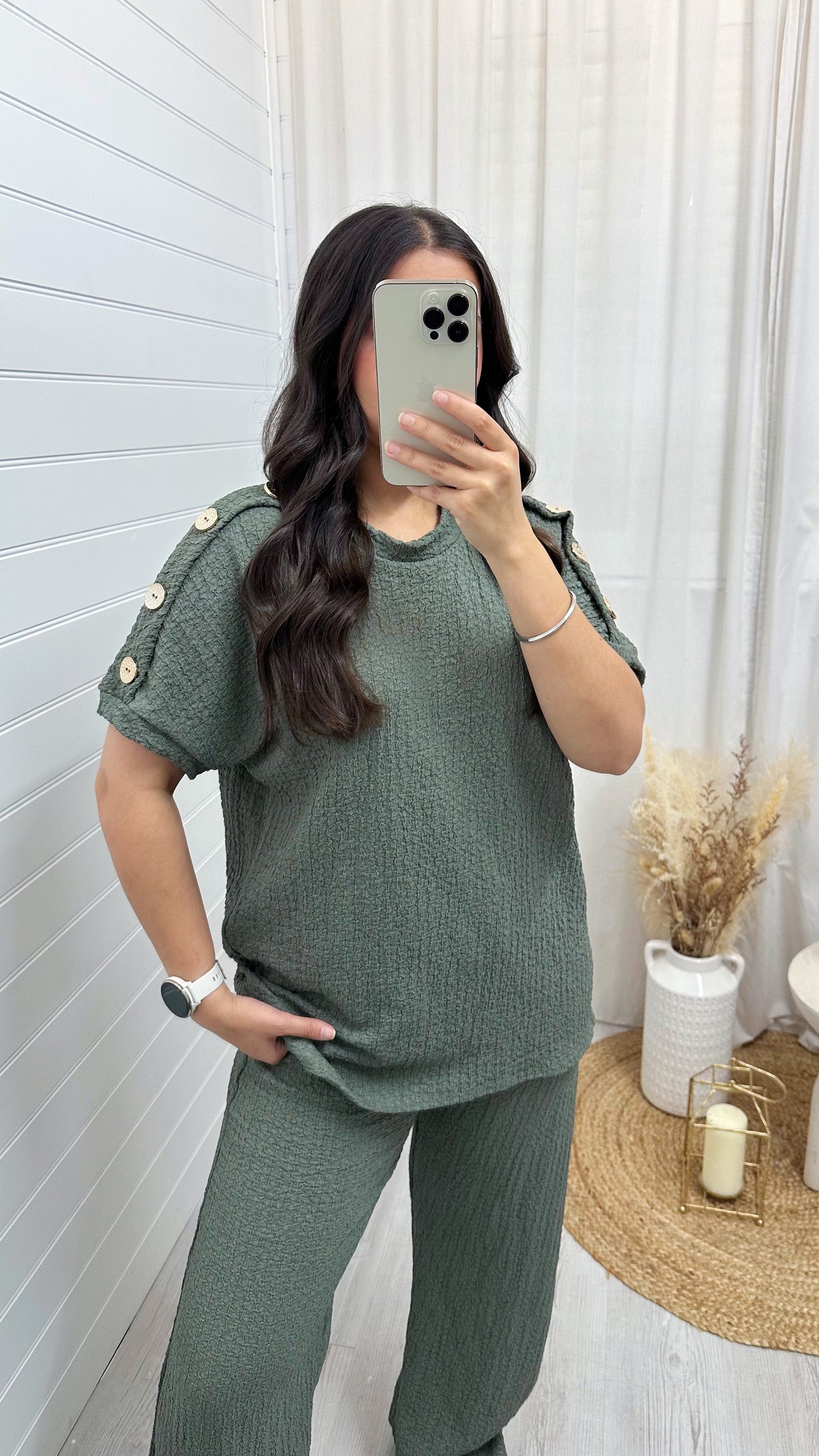 Cheesecloth Gold Button T-Shirt and Trousers Co-Ord - KHAKI