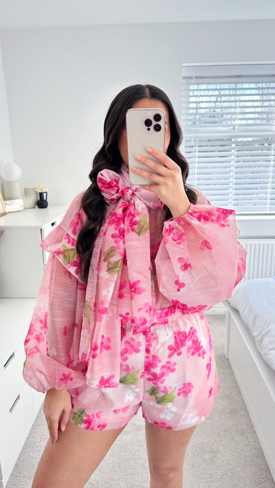 Floral Bow Blouse and Shorts Co-Ord - PINK