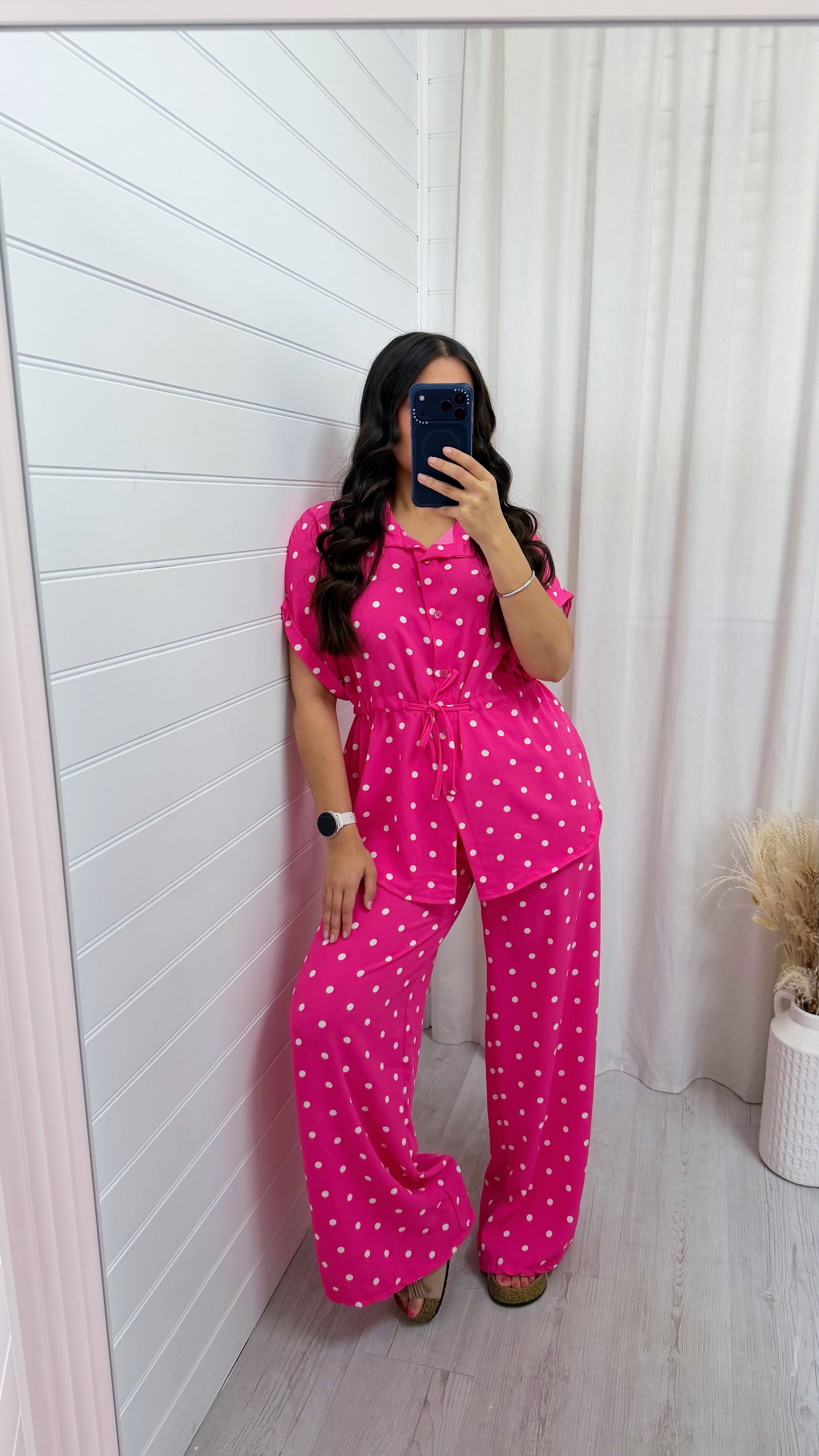 Polka Dot Cinched Shirt and Trousers Co-Ord - HOT PINK
