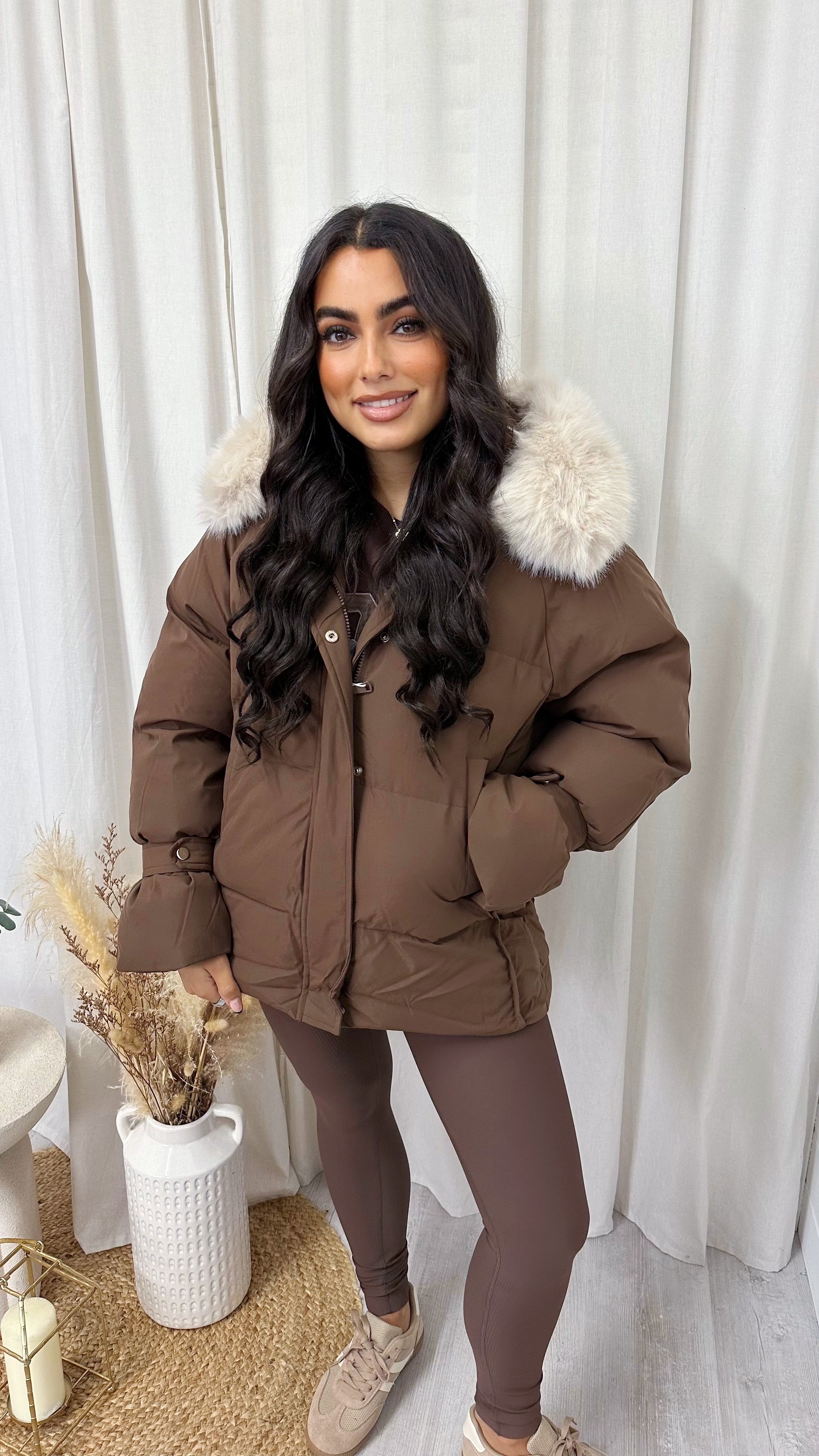 Faux Fur Hooded Puffer Coat - BROWN