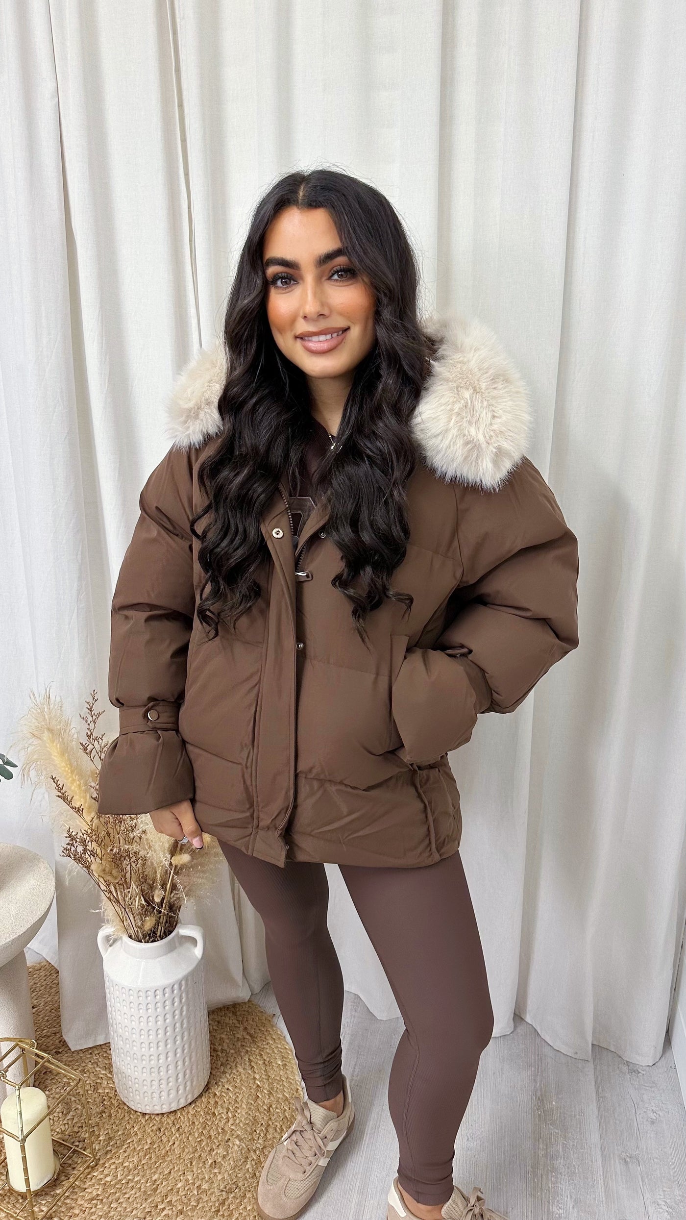 Faux Fur Hooded Puffer Coat - BROWN