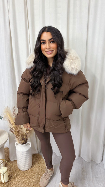 Faux Fur Hooded Puffer Coat - BROWN
