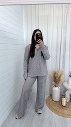 Textured Pinstripe Rugby Sweatshirt and Trousers Co-Ord - PINK