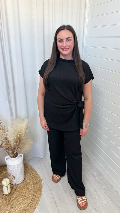 PLUS Cheesecloth Tie Knot Top and Trousers Co-Ord - BLACK