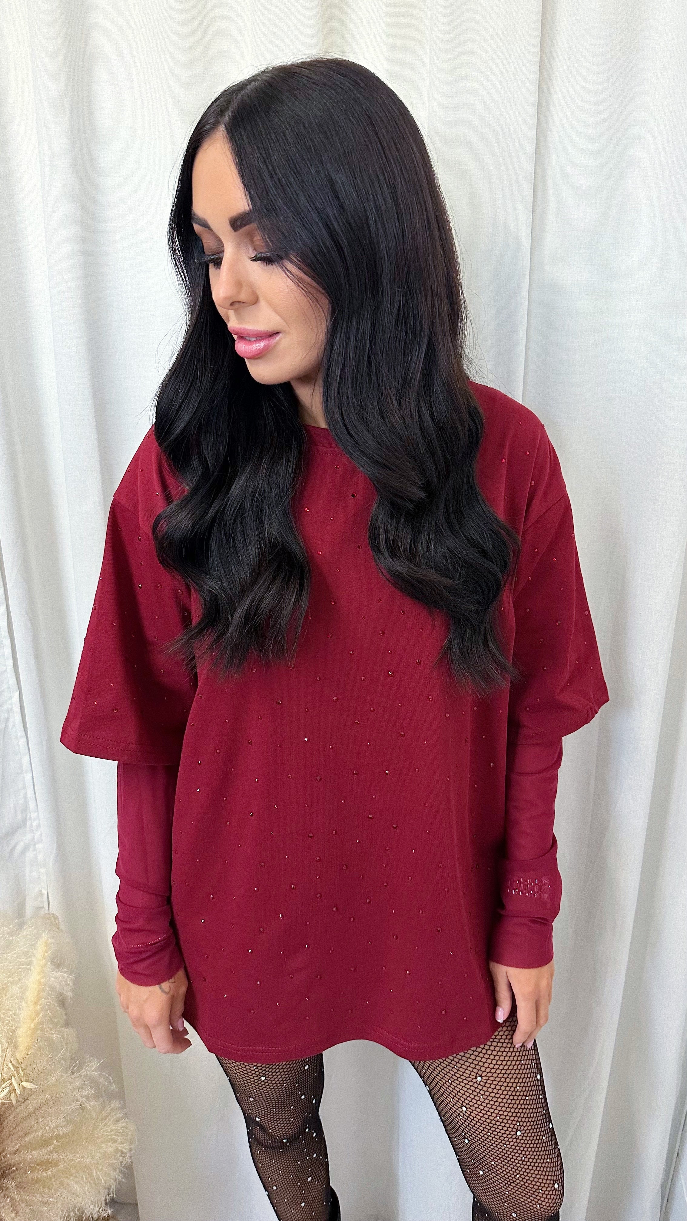 Mesh Sleeve Rhinestone Oversized T-Shirt - CHERRY RED