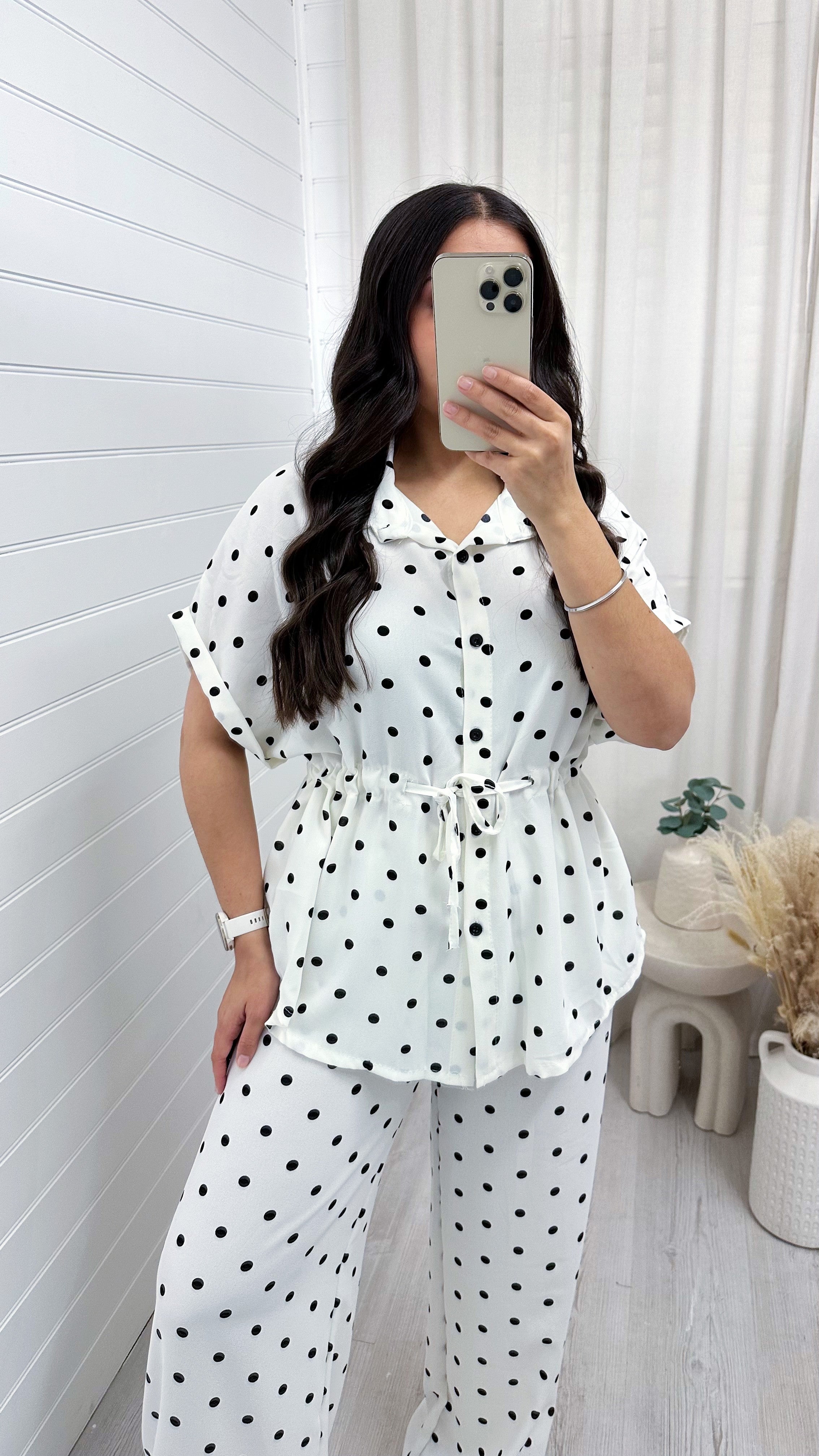 Polka Dot Cinched Shirt and Trousers Co-Ord - WHITE