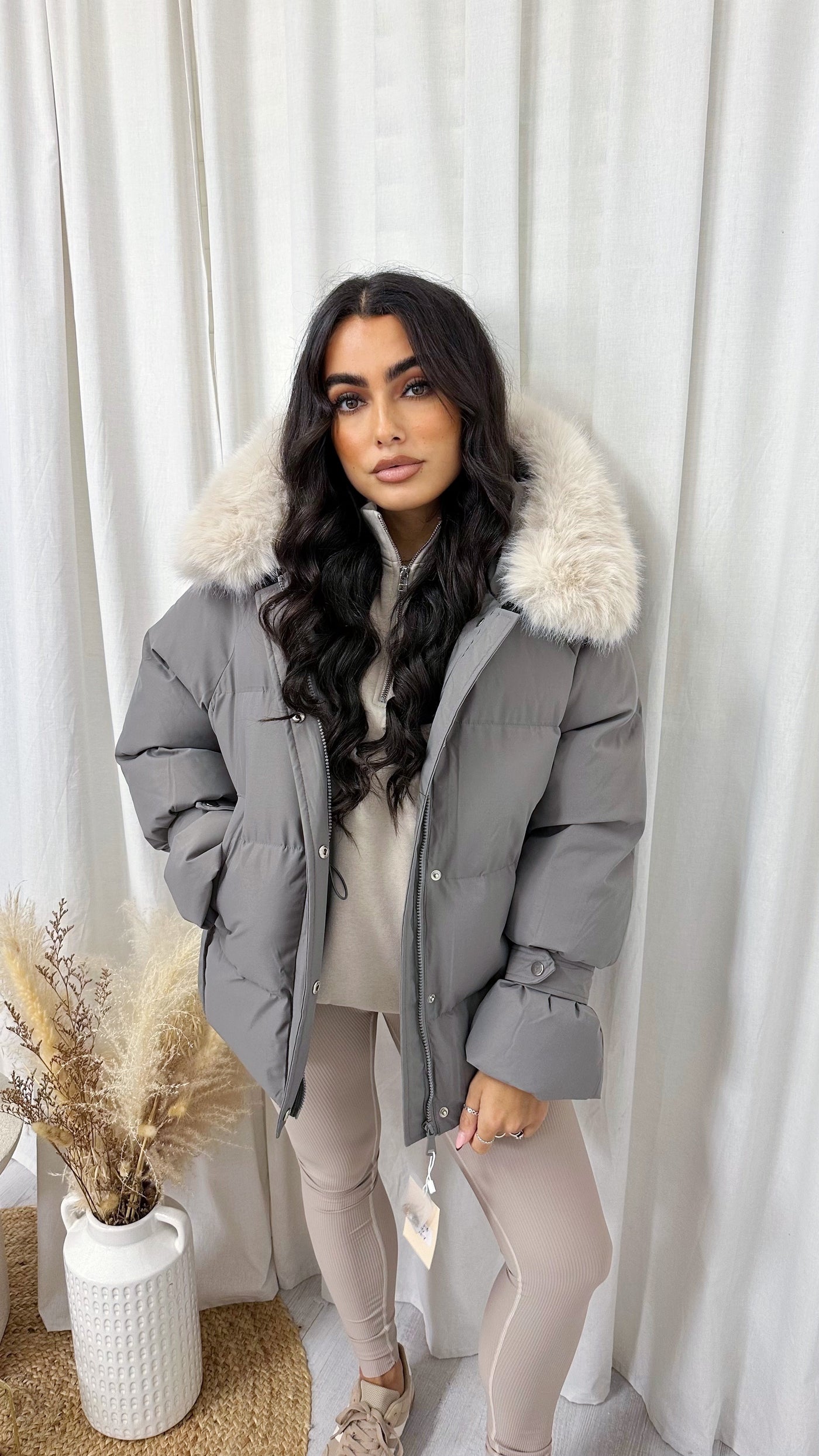 Faux Fur Hooded Puffer Coat - GREY
