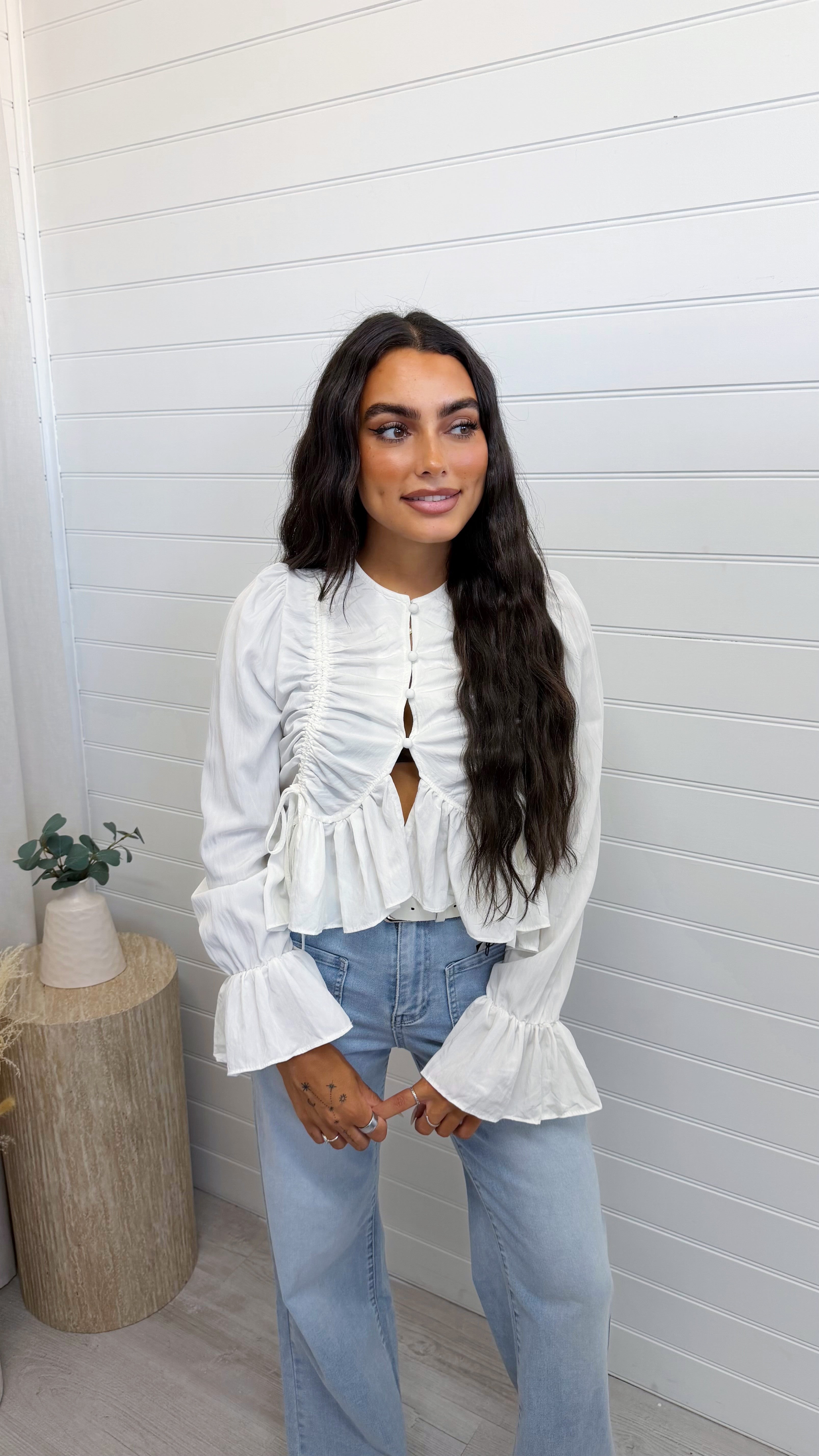 Ruched Frill Hem Cotton Top - WHITE