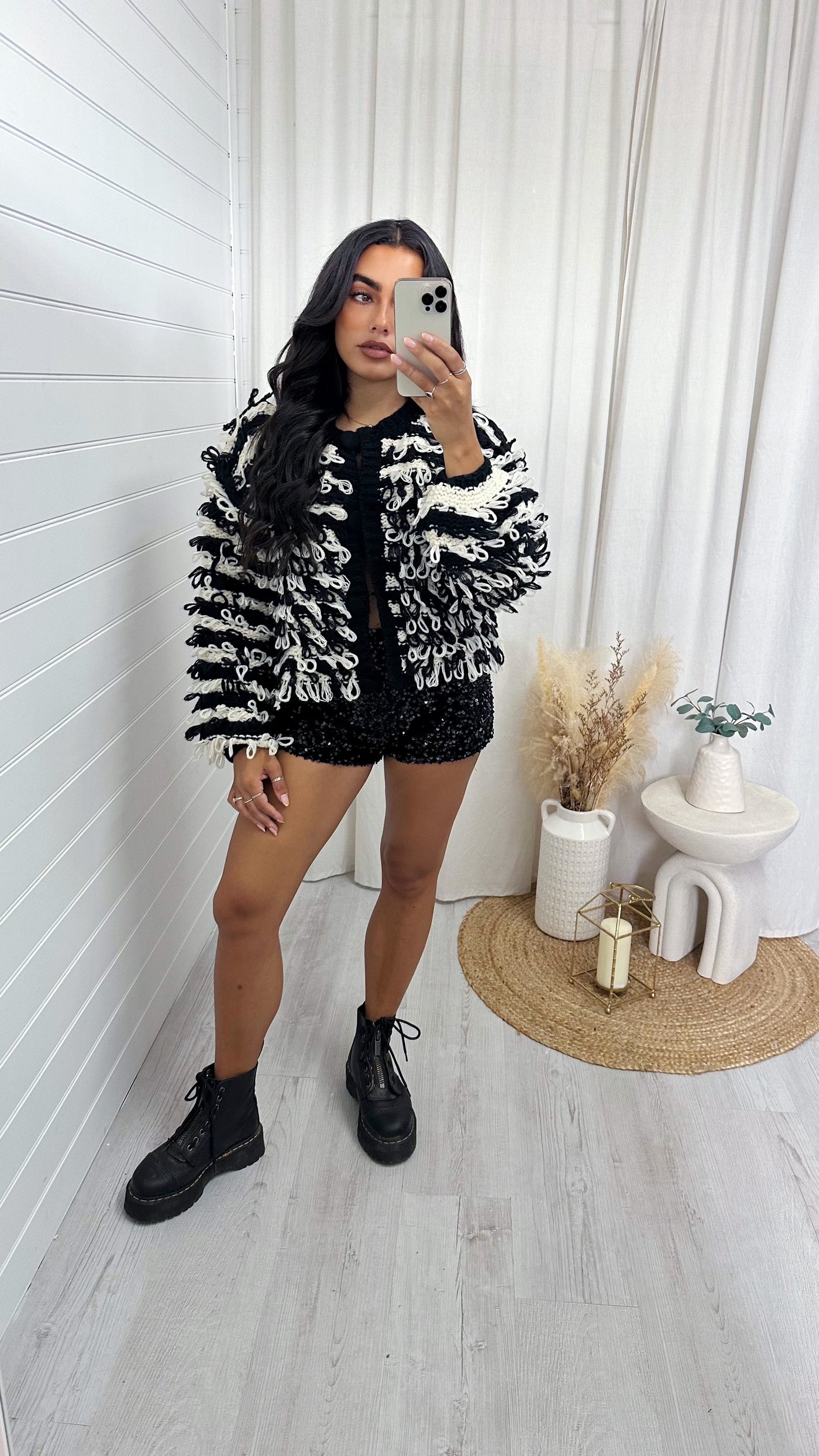 Loop Tassel Chunky Knitted Stripe Cardigan - BLACK