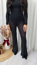 Rhinestone Mesh Flare Trousers - BLACK