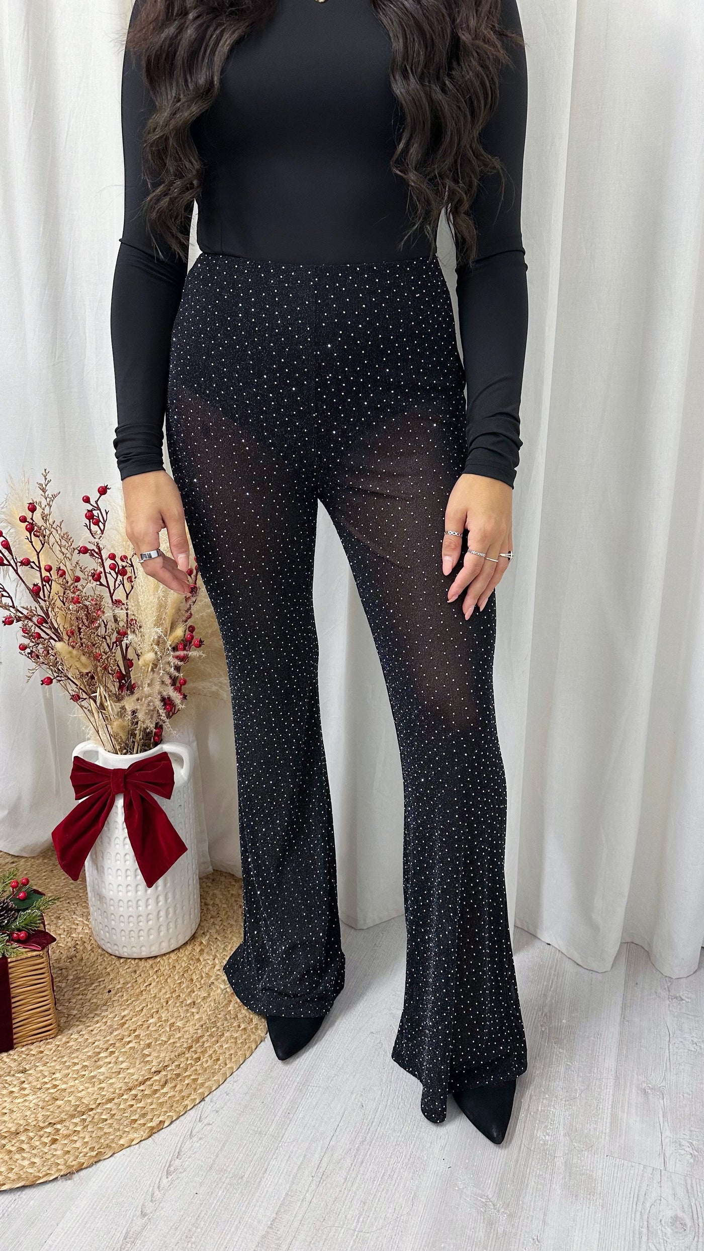 Rhinestone Mesh Flare Trousers - BLACK