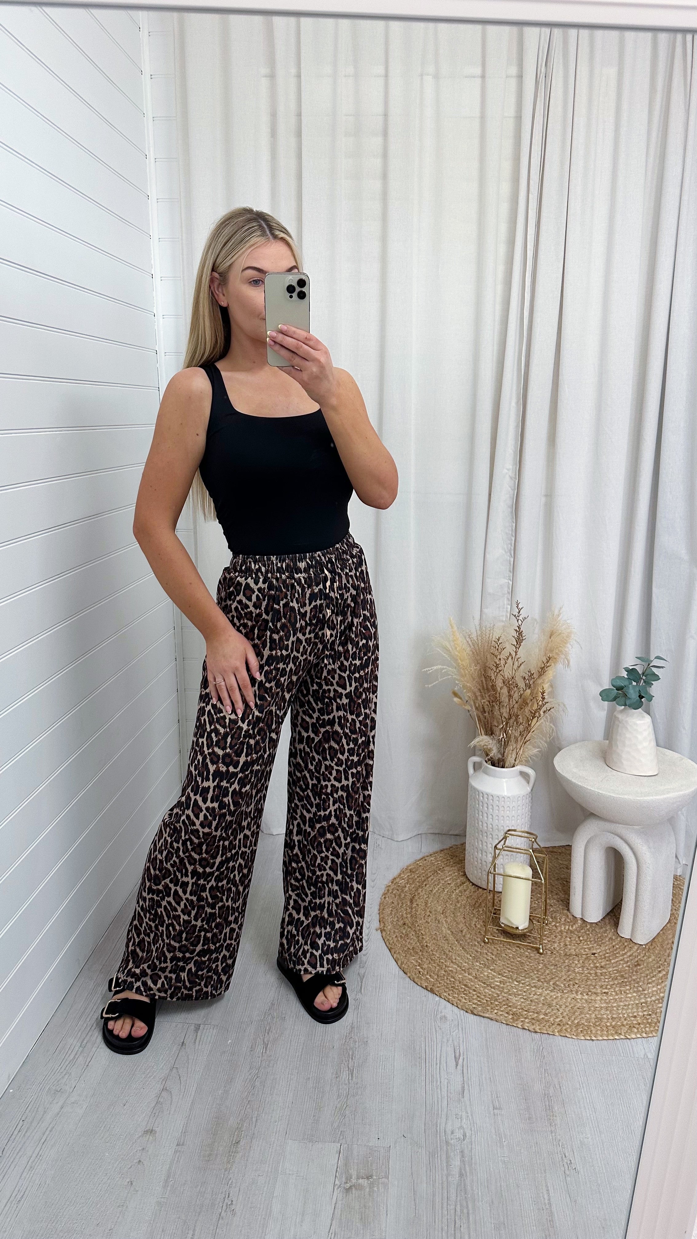 Stretchy Wide Leg Leopard Print Trousers - DARK LEOPARD
