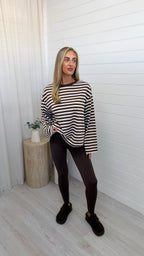 Relaxed Long Sleeve Stripe T-Shirt - CREAM/BROWN