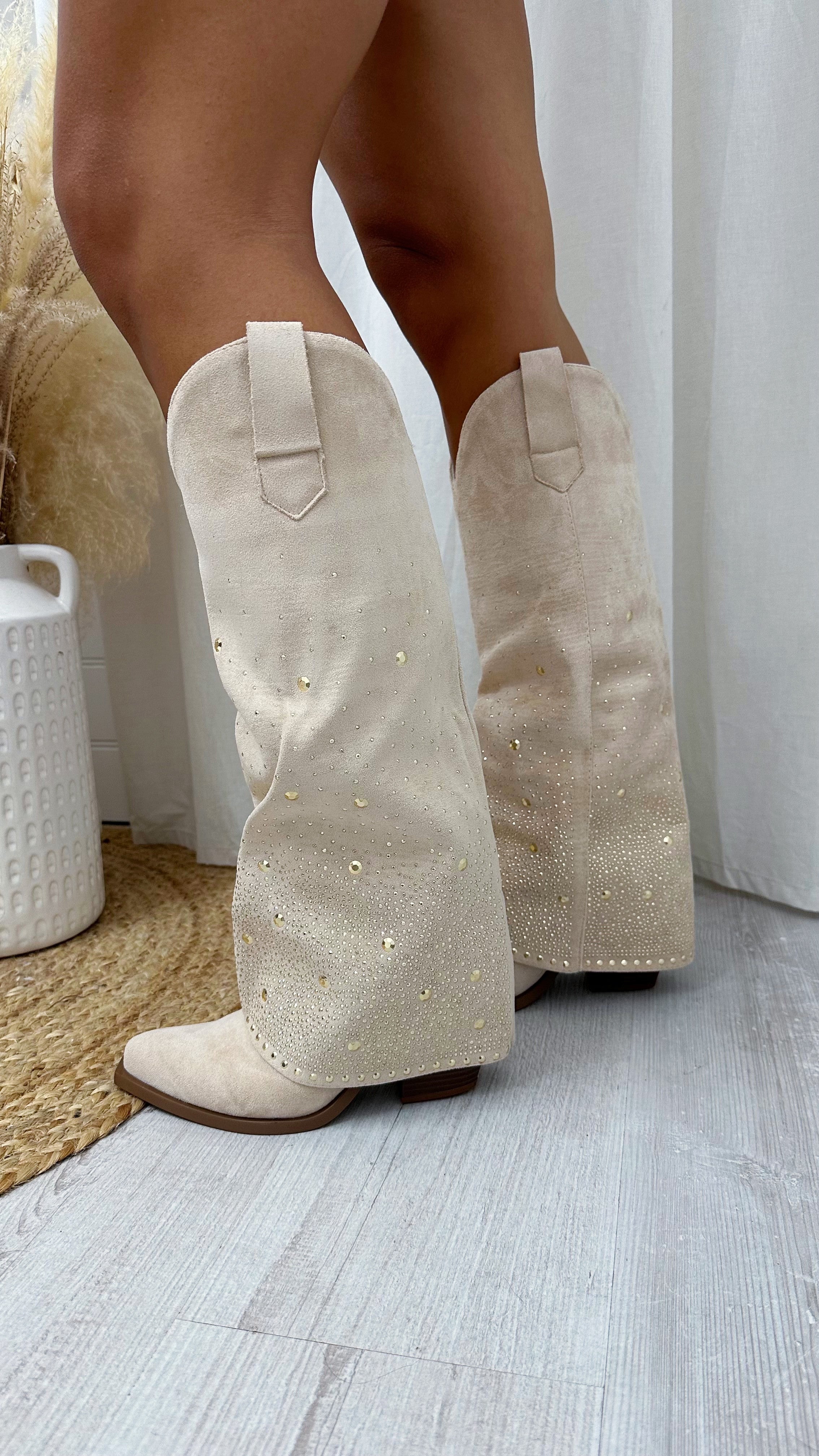 Gold Stud Knee High Fold Over Cowboy Boots - BEIGE