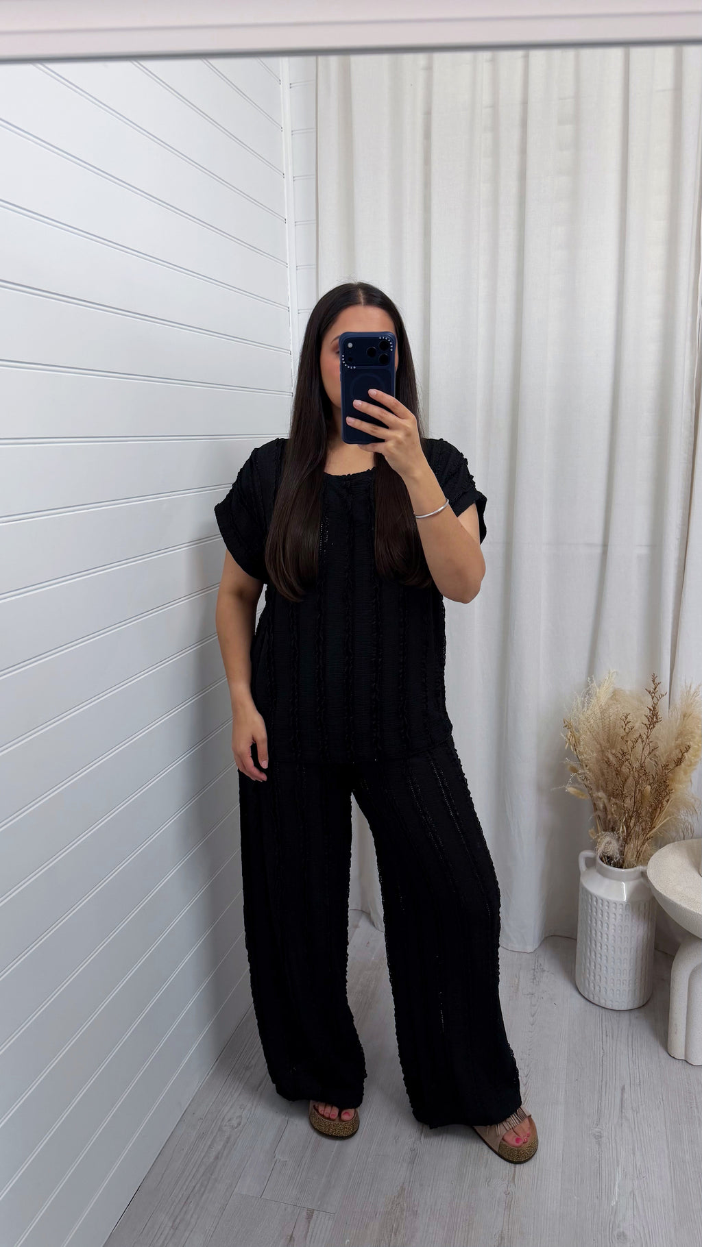 Frill Tiered T-Shirt and Wide Leg Trousers Co-Ord - BLACK