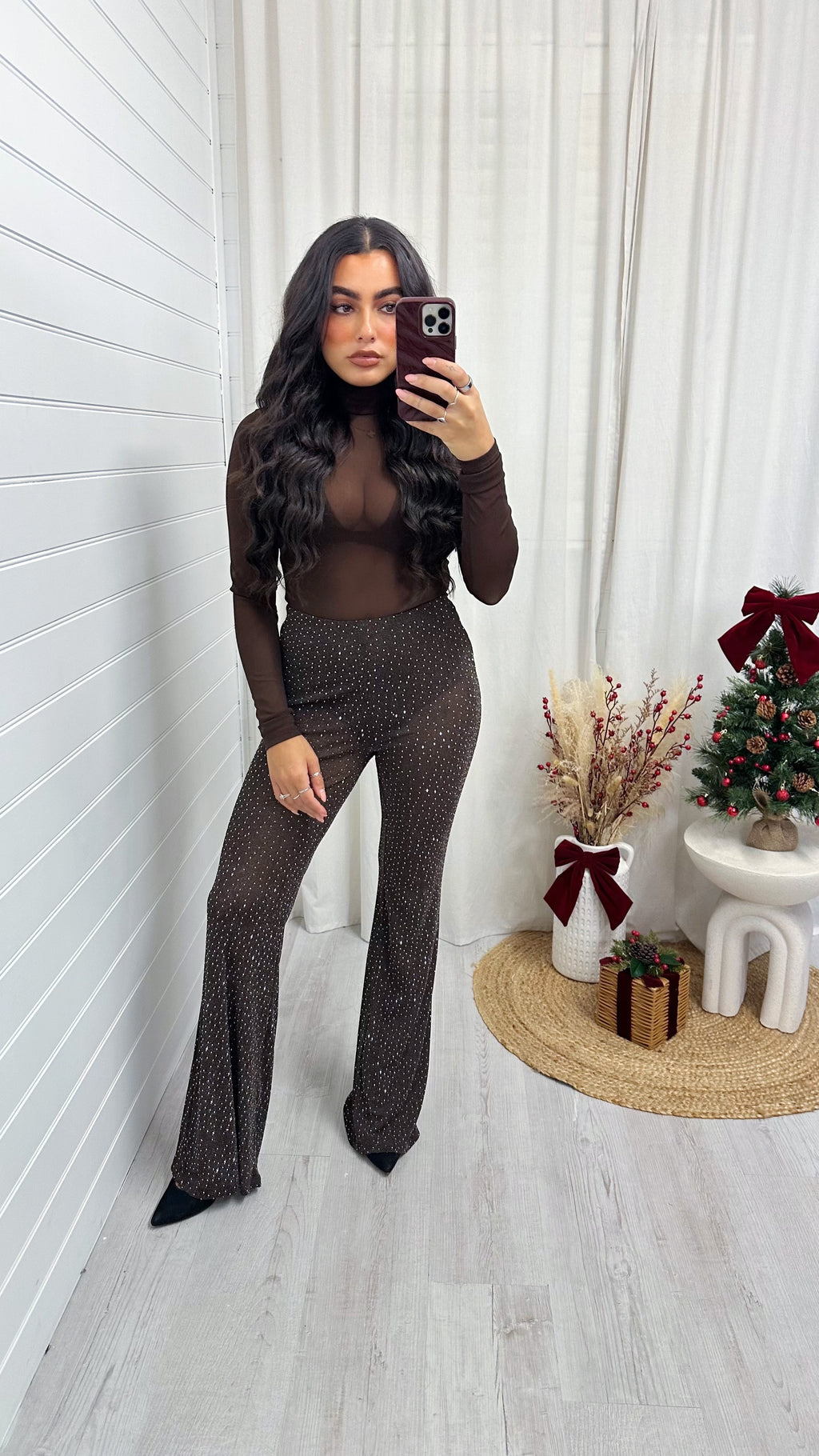 Rhinestone Mesh Flare Trousers - BROWN