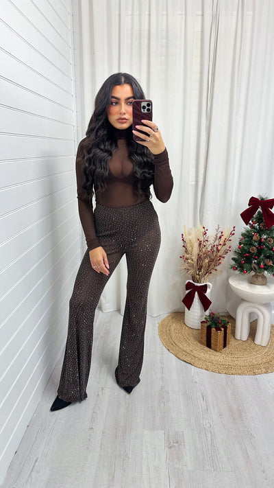 Rhinestone Mesh Flare Trousers - BROWN