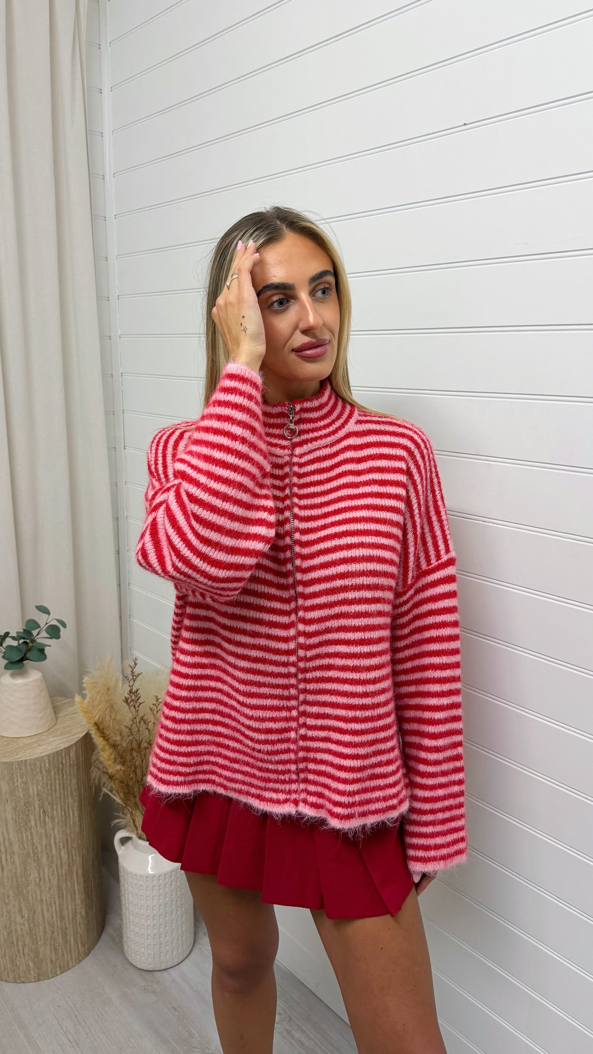 Stripe Zip Woollen Jacket  - RED/PINK