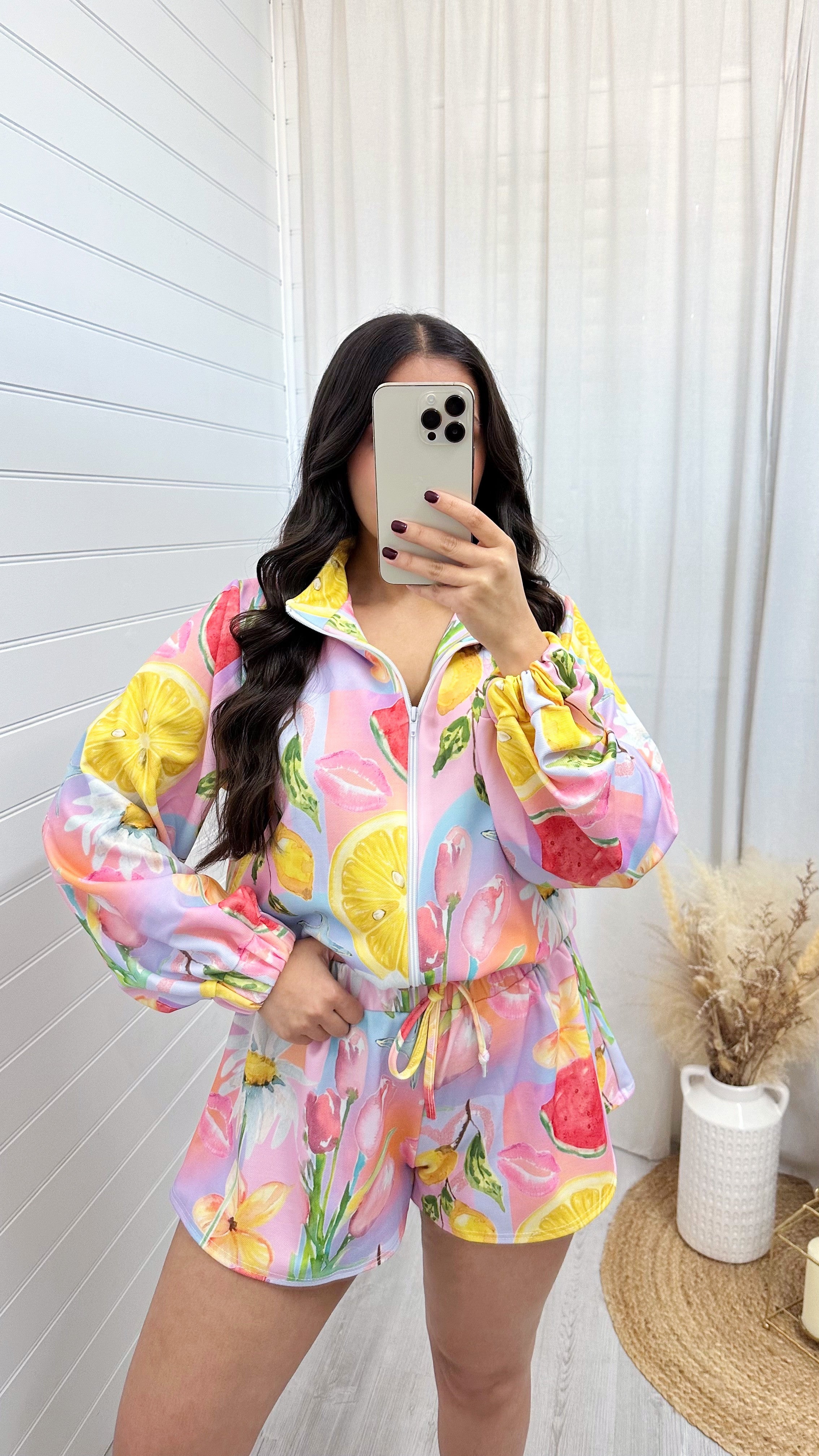 Fruit Print Bomber Jacket and Runner Shorts Co-Ord - PINK