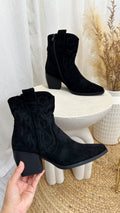 Embroidered Suede Ankle Length Cowboy Boots - BLACK