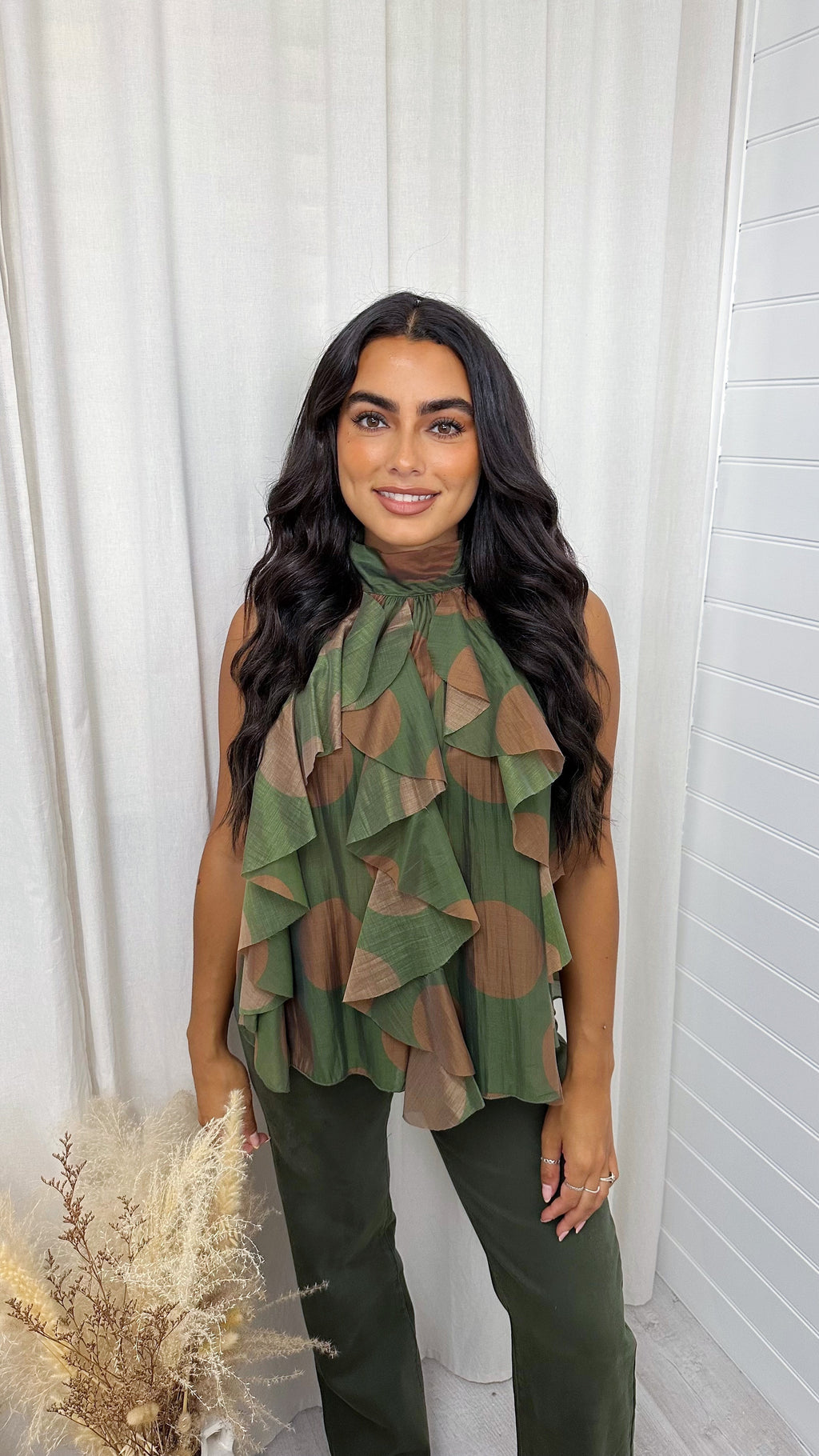 Halter Neck Chiffon Ruffle Front Top - KHAKI