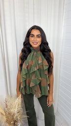 Halter Neck Chiffon Ruffle Front Top - KHAKI