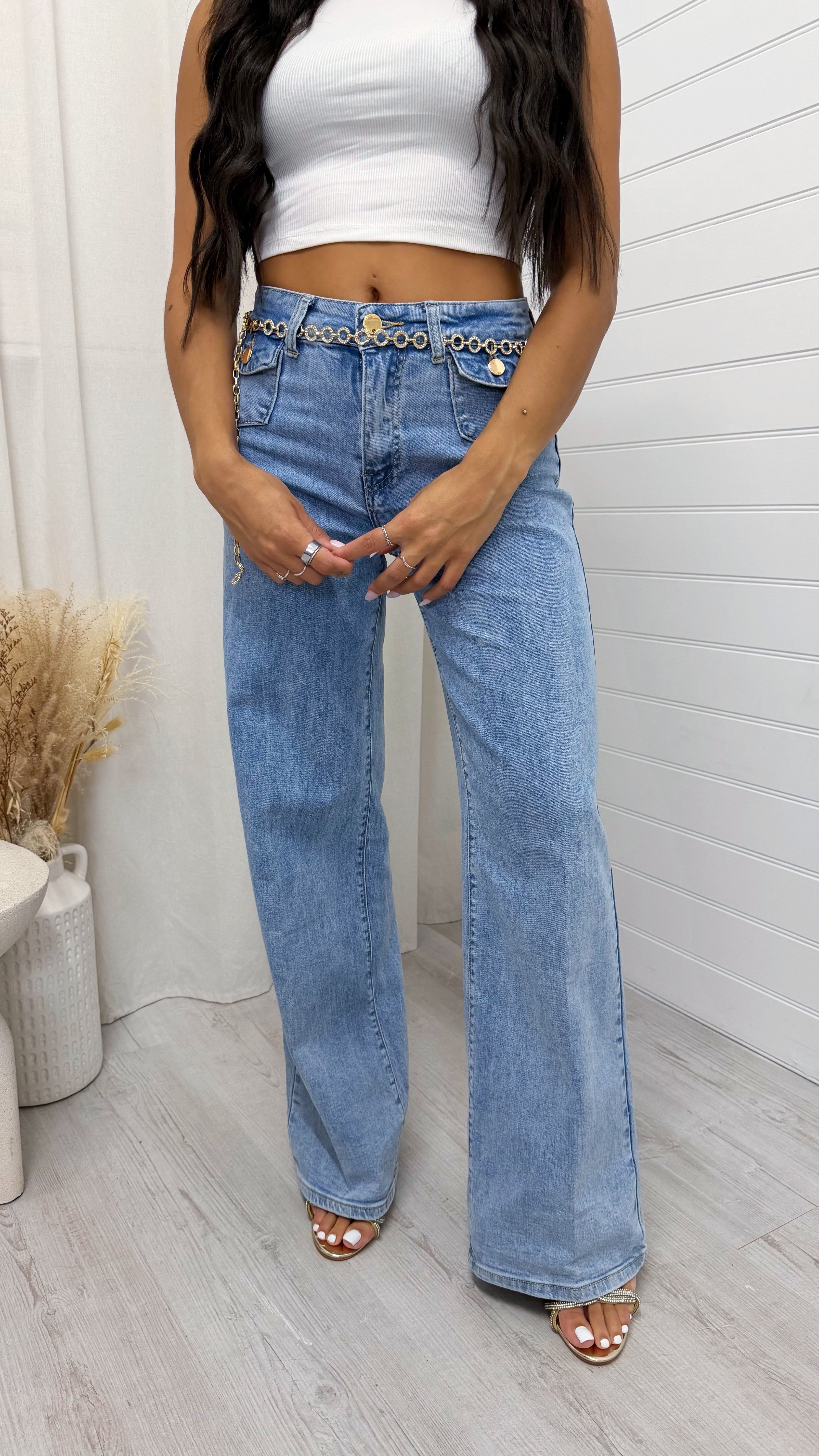 Gold Chain Front Pocket Straight Leg Jeans
