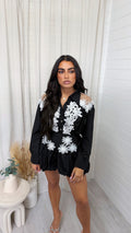 Floral Applique Shirt and Puffball Shorts Co-Ord - BLACK