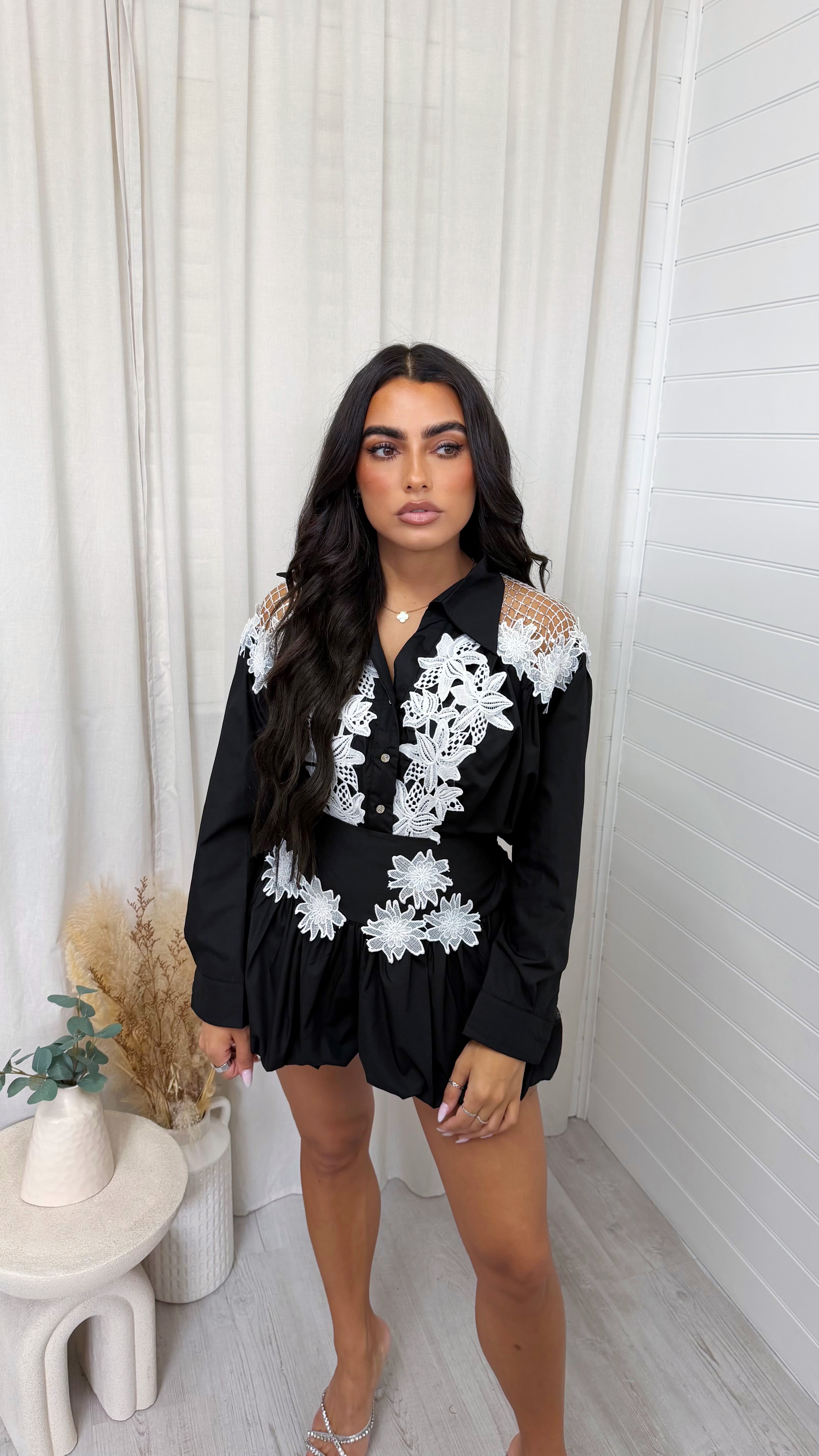 Floral Applique Shirt and Puffball Shorts Co-Ord - BLACK