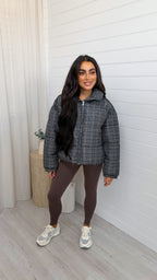 Check Puffer Jacket - NAVY/BROWN