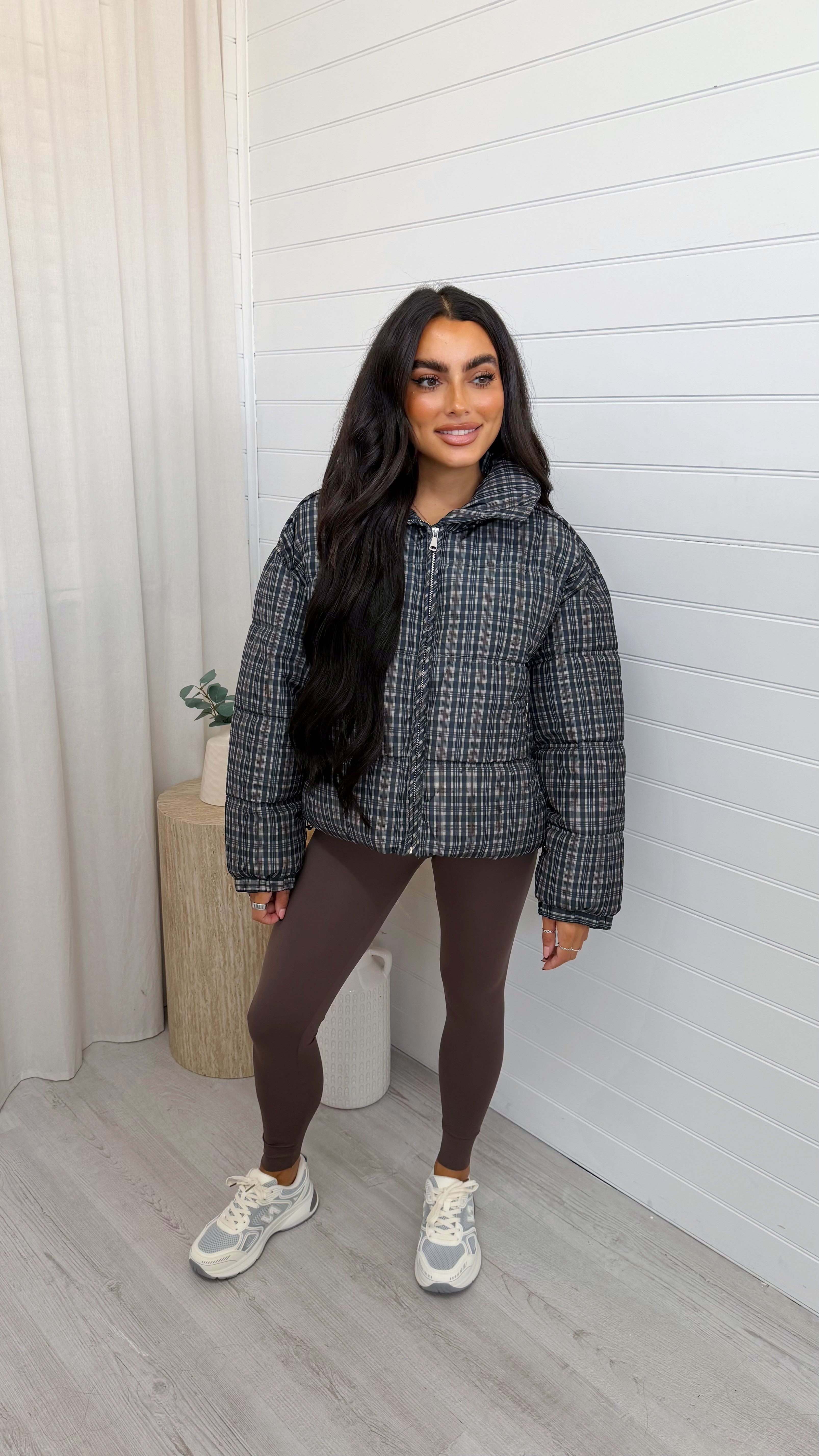 Check Puffer Jacket - NAVY/BROWN