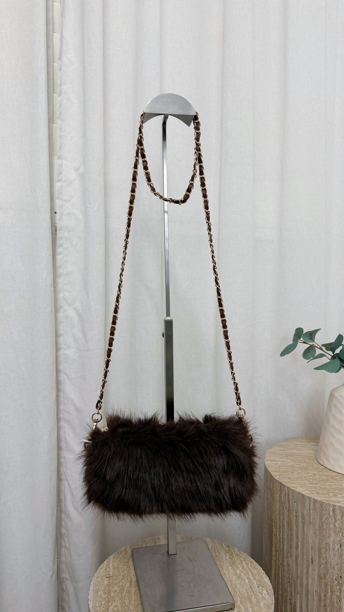 Fluffy Faux Fur Mini Cross Body Bag - BROWN