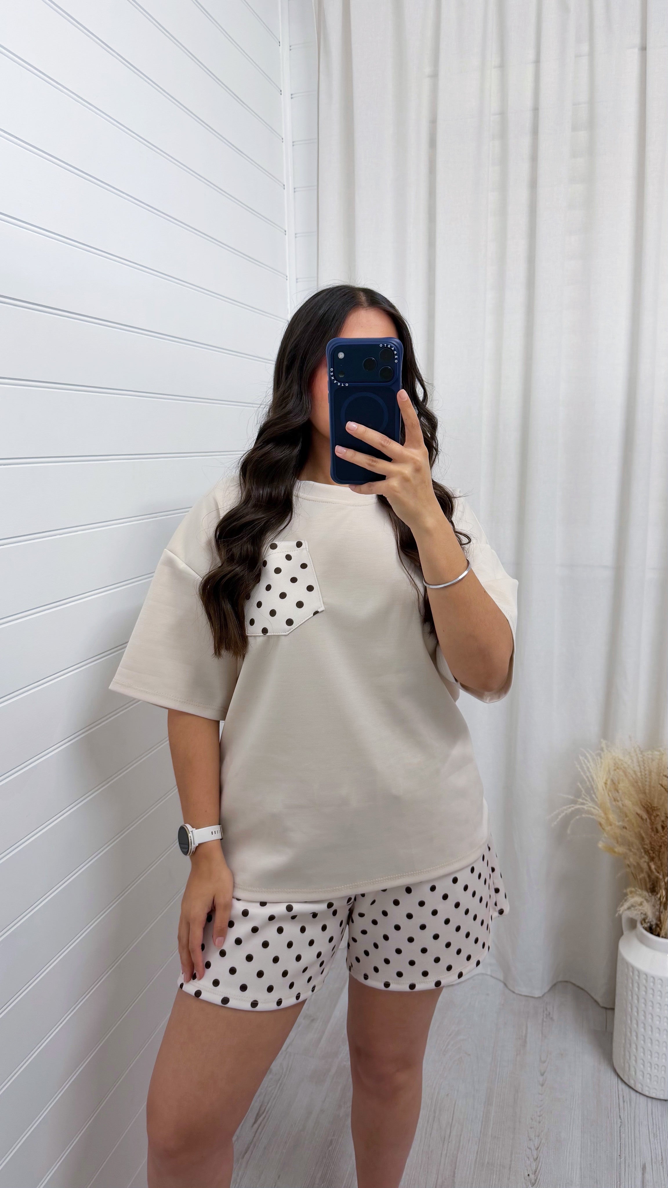 Polka Dot Baggy T-Shirt and Shorts Co-Ord - LIGHT BEIGE