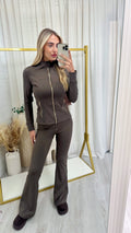 Gold Zip Jacket and Flares Gym Set - BROWN