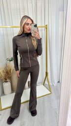 Gold Zip Jacket and Flares Gym Set - BROWN