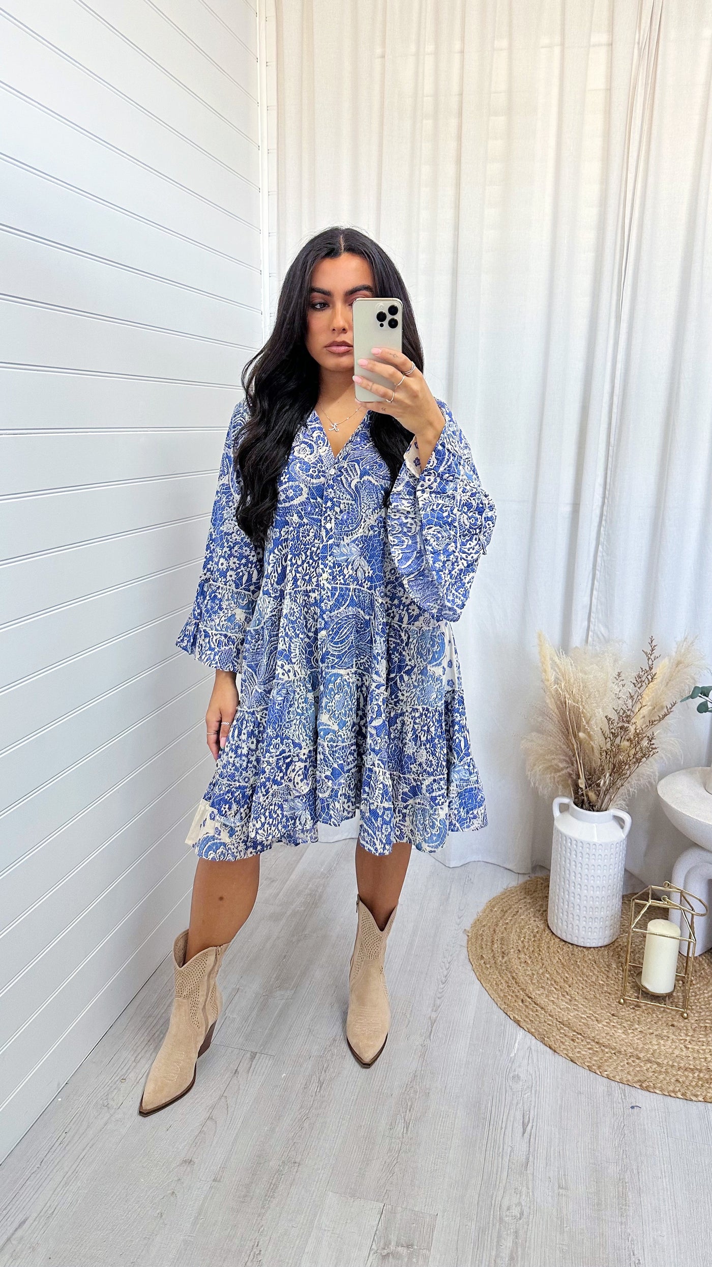 Paisley Frill Hem Shirt Dress - BLUE